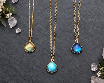 Gemstone Necklace, Gold Labradorite Necklace, Select Green Gold Blue or Multicolored Pendant, Gift for Her