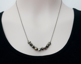 Pyrite Necklace, Geometric Necklace, Faceted Pyrite Necklace,  Pyrite Jewelry, Pyrite Cubes, OOAK Necklace , Gunmetal Chain