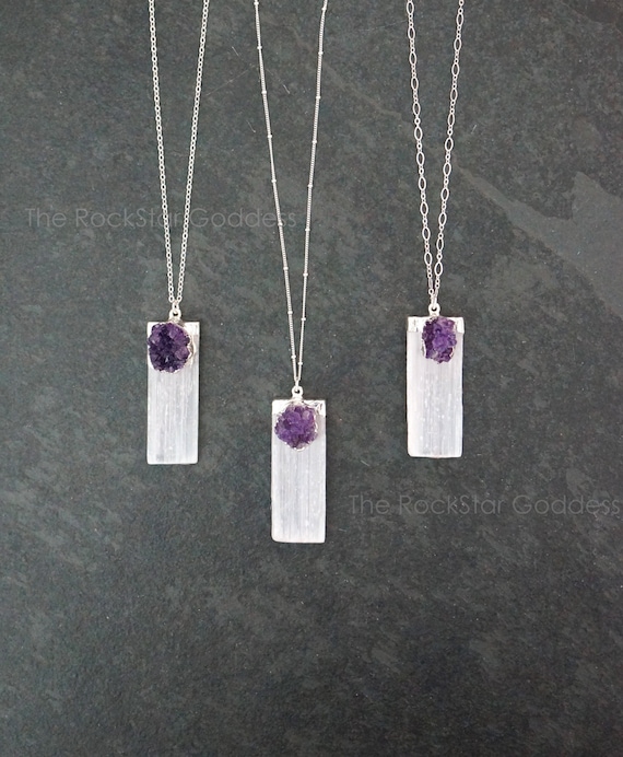 Selenite Necklace, Silver Selenite Necklace, Selenite Pendant, Amethyst Necklace, Raw Selenite, Selenite Wand, Selenite Jewelry