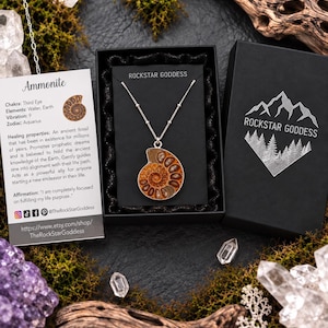 May include: A silver chain necklace featuring a spiral ammonite fossil pendant with brown and tan tones. The necklace is presented in a black box labeled ROCKSTAR GODDESS, accompanied by an informational card detailing the ammonite fossil.