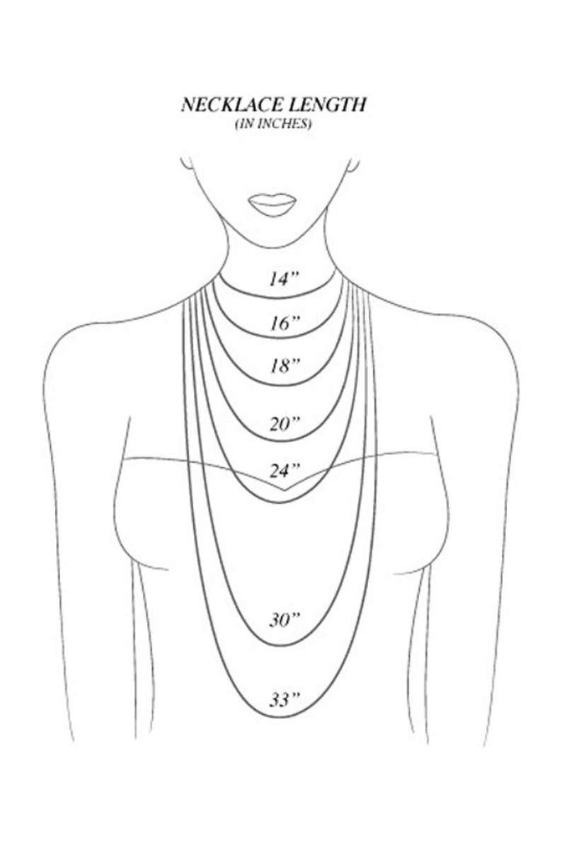 May include: A diagram showing different necklace lengths in inches, ranging from 14 inches to 33 inches. The diagram shows a woman's neck with lines representing the different lengths.