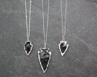 Silver Obsidian Necklace, Arrowhead Necklace, Black Obsidian Necklace, Raw Obsidian Necklace, Obsidian Necklace, Black Arrow Pendant