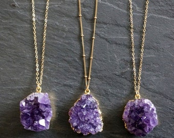 SALE / Amethyst Necklace / Amethyst Jewelry / Druzy Necklace / February Birthstone / Raw Crystal Necklace / Gold Amethyst Druzy
