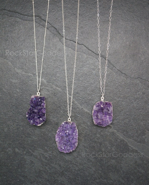 Silver Amethyst Necklace Amethyst Jewelry Druzy Necklace