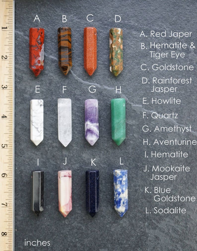 May include: Twelve different types of polished stones, each in the shape of a pointed obelisk, are arranged in rows of four. The stones are labeled with letters A through L, and the names of the stones are listed below the image. The stones are approximately 1.5 inches long.