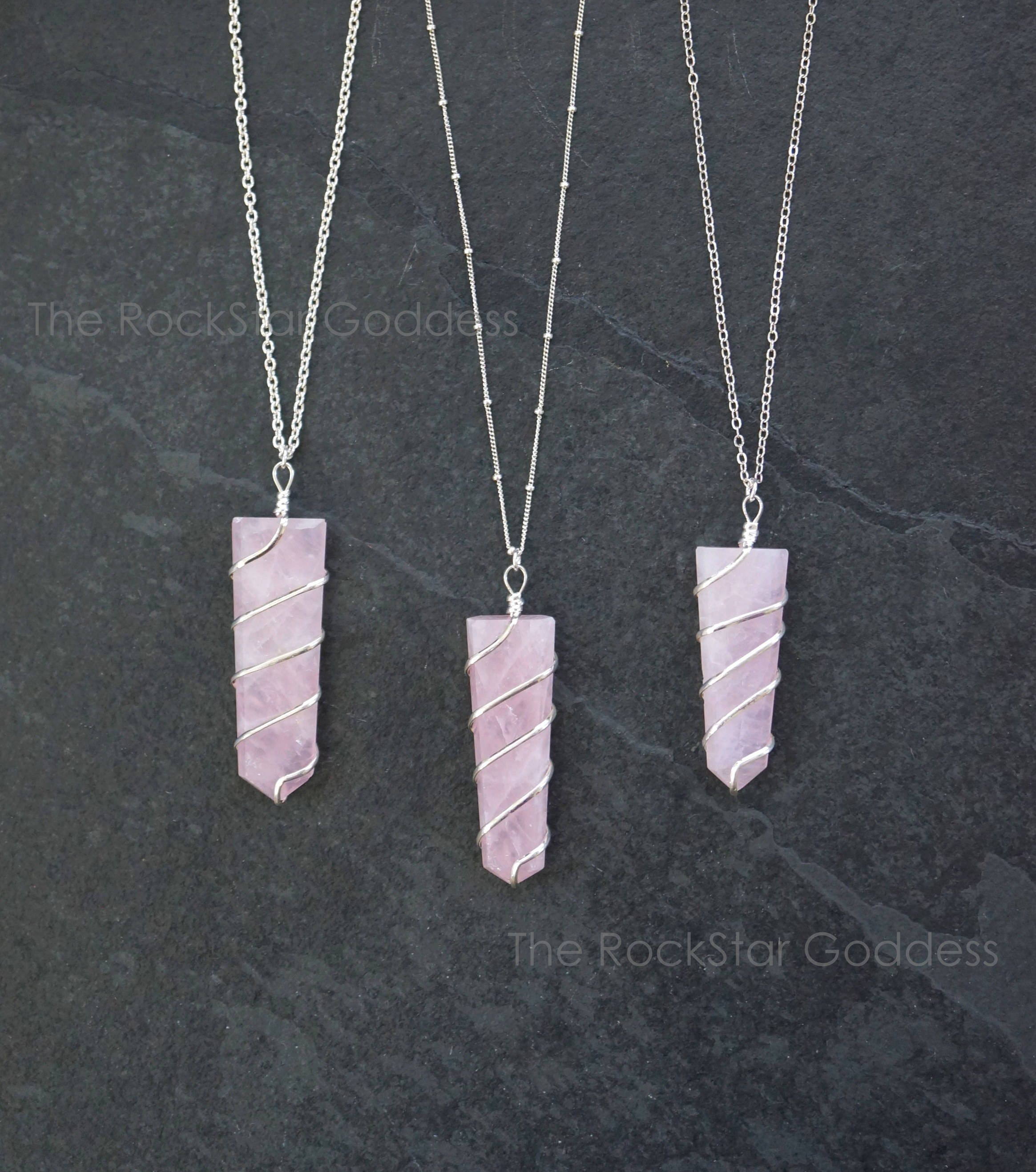 Pink quartz crystal necklace clearance