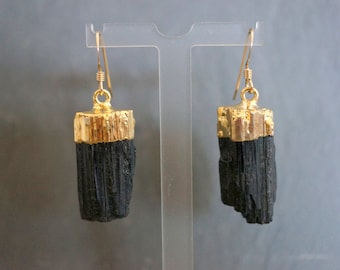 Rohe Turmalin Ohrringe, Gold Turmalin Ohrringe, Schwarzer Turmalin Ohrring, Turmalin Edelstein Ohrringe