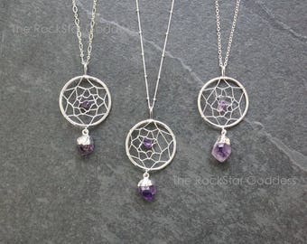 Silver Dream Catcher, Raw Amethyst Crystal, Silver Amethyst Necklace, Dream Catcher Necklace, Amethyst Jewelry, February Birthstone