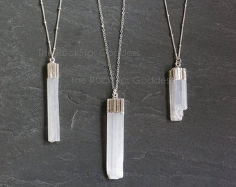 Silver Selenite Necklace, Selenite Pendant, Silver Selenite Jewelry, Selenite Wand, White Selenite, Chakra Jewelry, Gift for Her