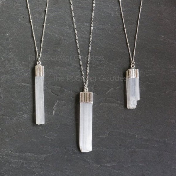 Silver Selenite Necklace, Selenite Pendant, Silver Selenite Jewelry, Selenite Wand, White Selenite, Chakra Jewelry, Gift for Her