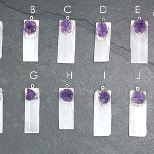 May include: Ten selenite crystal pendants with amethyst clusters, each labeled with a letter from A to J. A US quarter is included for scale.