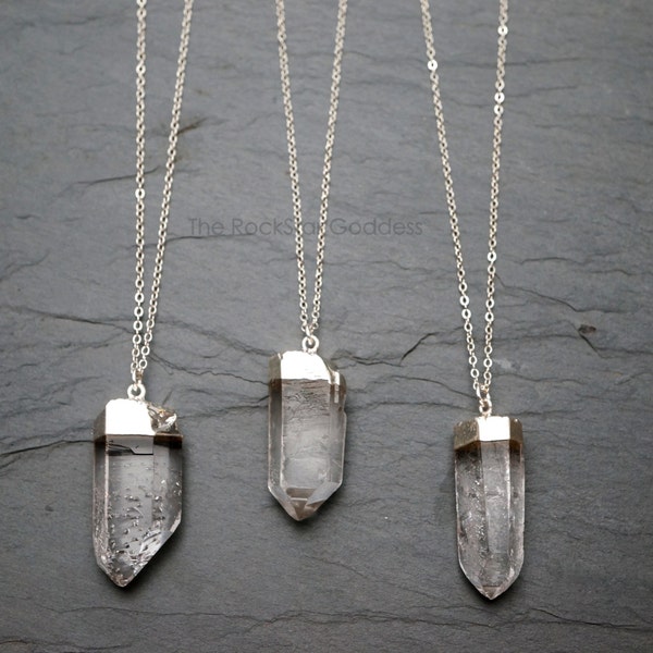 Quartz Necklace, Raw Quartz Necklace, Silver Quartz Pendant, Raw Quartz Crystal, Silver Quartz Jewelry, Natural Quartz Necklace