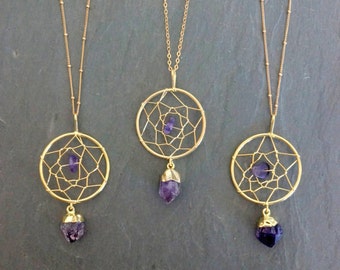 Gold Dream Catcher, Raw Amethyst Crystal, Silver Amethyst Necklace, Dream Catcher Necklace, Amethyst Jewelry, February Birthstone