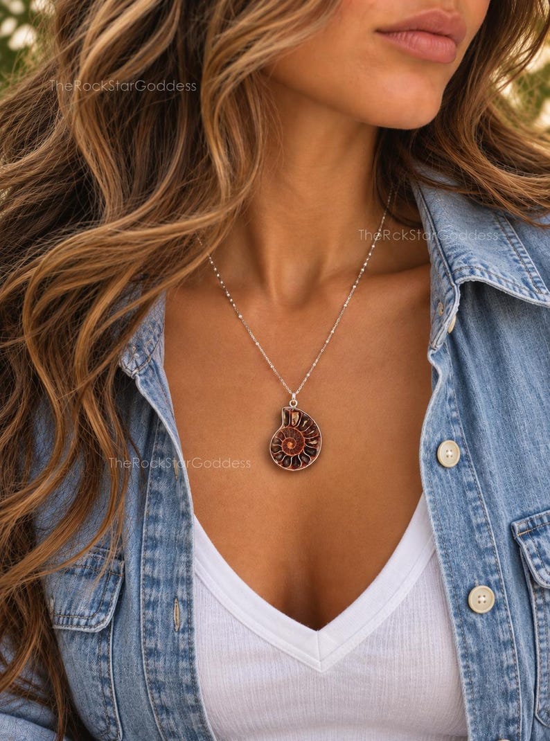 May include: A silver chain necklace featuring a dark brown, spiral-shaped ammonite fossil pendant. The pendant displays a natural, segmented shell pattern with deep reddish-brown tones and a polished finish, suspended from a delicate silver link chain.