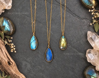 Real Labradorite Necklace, Gold Labradorite Teardrop Necklace, Healing Gemstone Pendant, Custom Gemstone Necklace, Layering Necklace