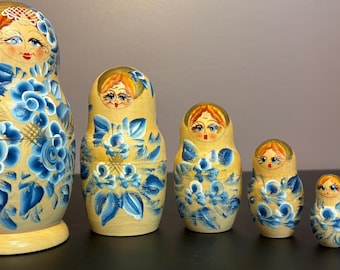 Vintage Russian Nesting Dolls | Hand-Painted Blue Floral Matryoshka | Traditional Folk Art