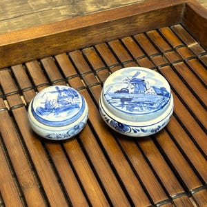 Delft Blue Porcelain Windmill Motif Hand-Painted Round Trinket Boxes from Holland