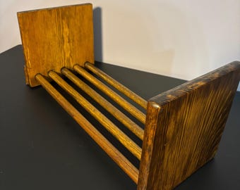 Vintage Wooden Book Rack – Mid Century Expandable Bookshelf, Rustic Desk Decor