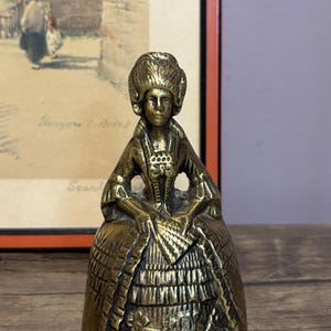 Vintage antique brass bell, lady bell, victorian lady bell 4&quot; tall hair, dress, fan