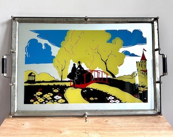 plateau de service vintage en verre peint inversé | Plateau de vanité Art Déco en chrome