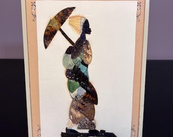 Vintage African Butterfly Wing Art –  Lady with Umbrella – Curiosity Cabinet Wall Art