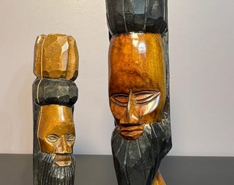 Vintage handgeschnitzte Holz Büsten - Tribal Folk Art Figuren (2er-Set)