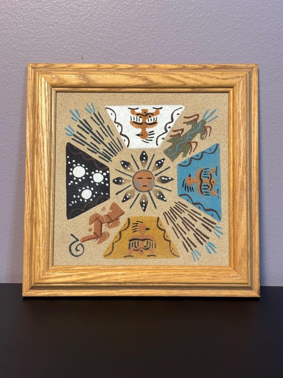 Vintage Southwest Sand Art Painting in Wooden Frame — Native American Style Sun and Animal Design