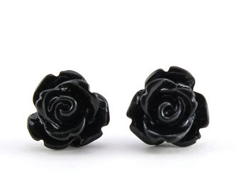 Tiny Black Rose Earrings, Halloween Jewelry, Bridesmaids Gift, Under 5