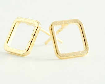 Gold Open Square Earrings, Small Diamond Earrings, Dainty Earrings, Minimalist Gold Jewelry,Geometric Earrings, Modern Jewelry