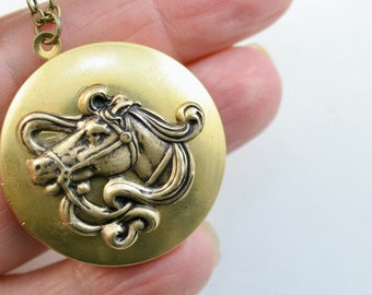 Vintage Horse Locket Necklace, Horse Lovers Locket, Large Round Horse Locket, Antique Brass Locket, Locket, 2 Photo Locket
