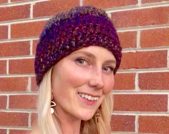 READY TO SHIP! Boho Beanie Cap, Amethyst And Emerald Beanie Hat, Variegated Crochet Cap, Knit Ski Hat, Winter Hat Cap