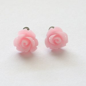 Tiny Soft Pink Rose Earrings, Under 5 Dollars, Bridesmaid Gift image 1