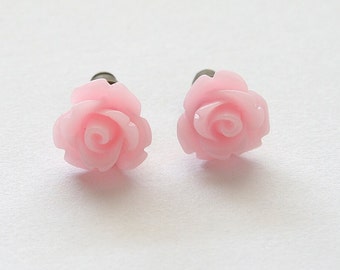 Tiny Soft Pink Rose Earrings, Under 5 Dollars, Bridesmaid Gift