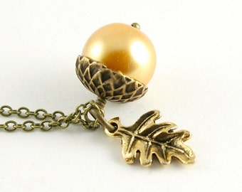 Acorn and Oak Leaf Necklace, Gold Pearl Acorn, Woodland Acorn Pendant