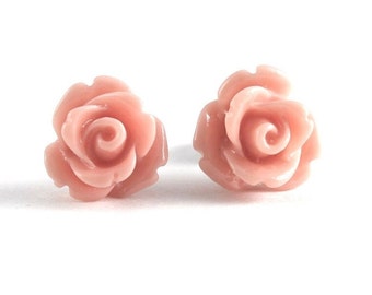 Tiny Coral Rose Earrings, Bridesmaids Gift