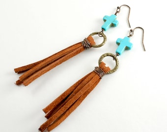 Boho Turquoise and Suede Tassel Earrings, Tassel Earrings, Cross Earrings, Turquoise Earrings, Tassel Earrings