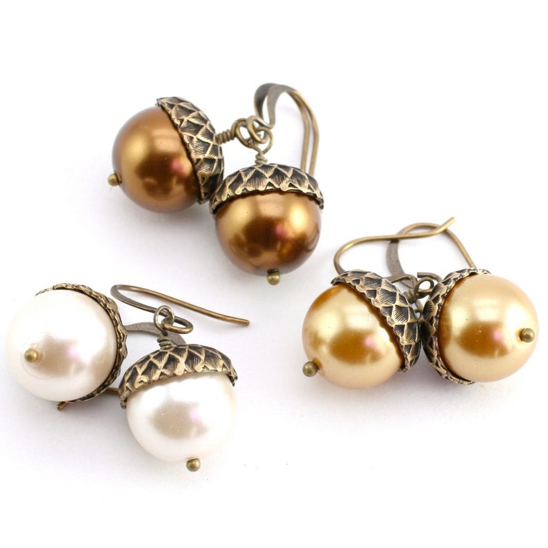 Acorn Earrings, Golden Champagne Pearl Earrings, Wedding Earrings image 3