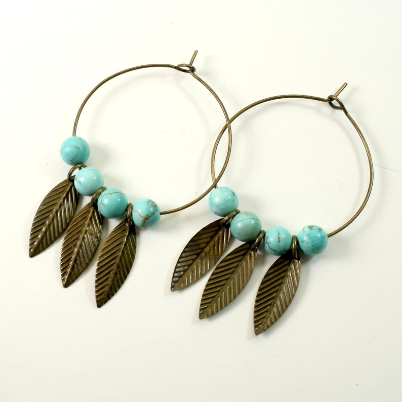 Bronze Leaf Hoop Earrings, Bronze and Turquoise Hoop Earrings, Big Hoop Earrings image 5