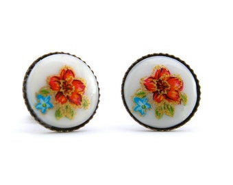 Flower Cameo Post Earrings, Flower Stud Earrings, 3/8" or 10mm Earrings, Gifts Under 15