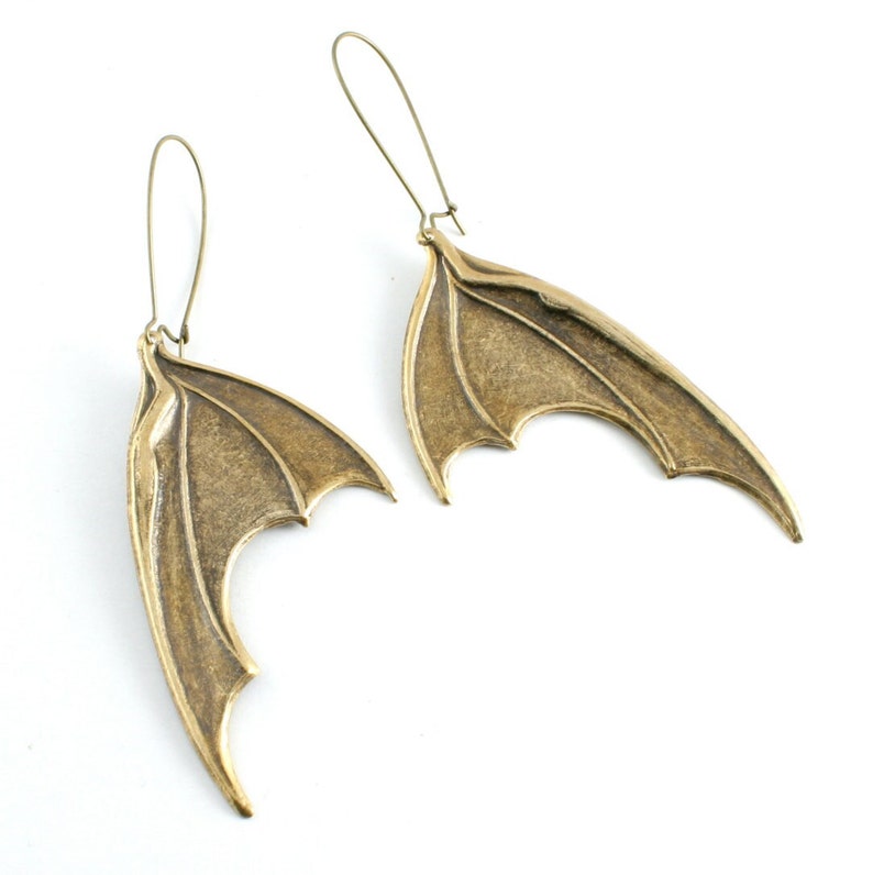 Large Antiqued Brass Bat Wing Earrings, Dragons Wings Earrings, Neo Victorian Gothic Earrings, Large Vampire Wing Earrings image 2