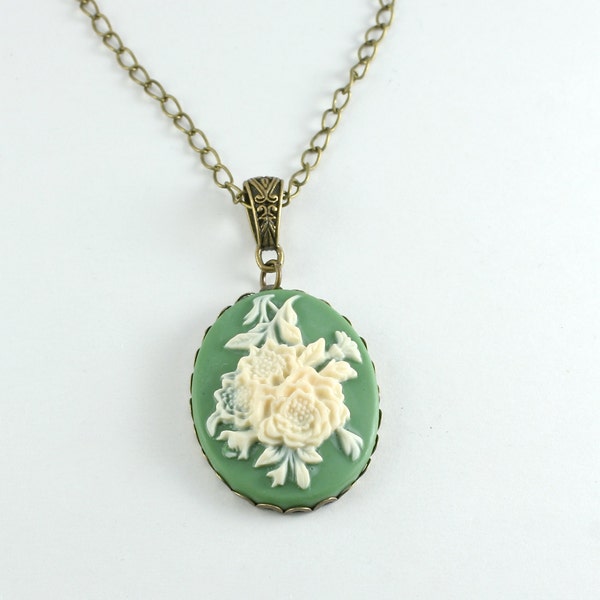 Floral Cameo Necklace, Flower Cameo Necklace, Green Cameo, Long Necklace