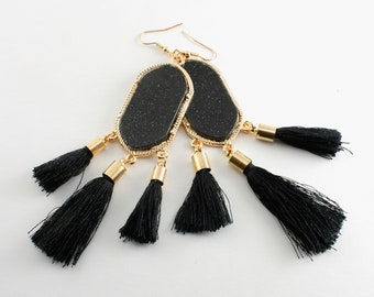 1 pair - Gold Plated Black Druzy and Black Tassel Earrings, Long Dangle Earrings, Chandelier Earrings