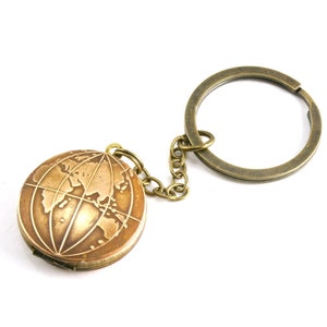 Old World Globe Locket, Vintage Locket Key Fob, Globe Key Chain, Locket Key Ring, East, West or Double Sided you choose