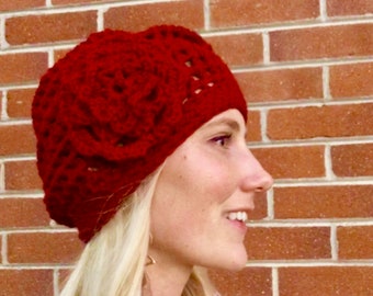 Rose Slouchy Beanie, Ruby Rose Romantic Hat, Boho Slouchy Beanie Hat, Crochet Women's Cap