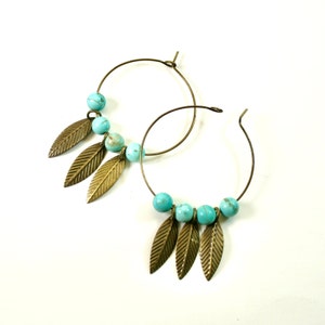 Bronze Leaf Hoop Earrings, Bronze and Turquoise Hoop Earrings, Big Hoop Earrings image 2