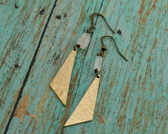 Hammered Brass Triangle Earrings, Moonstone Earrings, Obtuse Triangle Earrings, Golden Brass Earrings, Gold Triangle Earrings