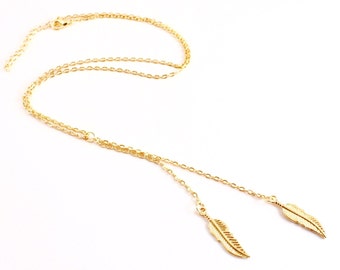 Golden Double Feather Lariat Necklace, Gold Feather Necklace, Lariat Necklace, Boho Necklace
