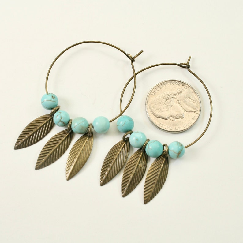 Bronze Leaf Hoop Earrings, Bronze and Turquoise Hoop Earrings, Big Hoop Earrings image 4