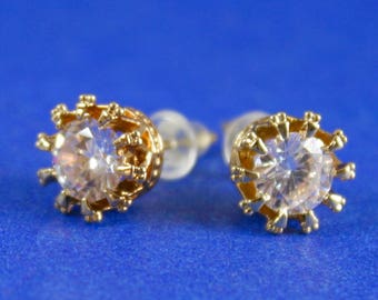 Gold Crown Diamond Post Earrings, Cubic Zirconia Stud Earrings, Wedding Earrings, CZ Diamond Earrings