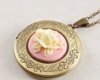 Vintage Style Rose Locket Pendant, Pink Ivory Rose Flower Locket Necklace, Bridesmaids Gifts, Locket Jewelry, Wife, Mom, Sister, Girlfriend